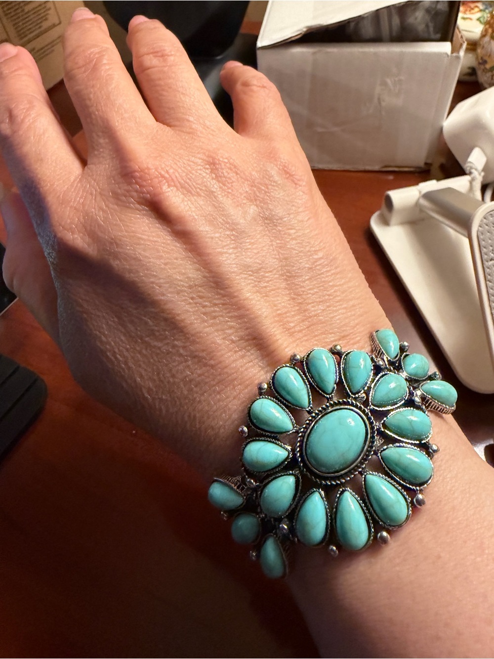 Turquoise Floral Concho Cuff Bracelet Silver Finish Adjustable Size 6.5 - 7